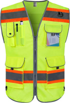 TCCFCCT Hi Vis Vest 9 Pockets High Visibility Reflective Safety Vest for Men Women, Construction Work Vest with Fluorescent Orange Extend Edge, Durable to Use, Meets ANSI/ISEA, (DB-Yellow, Medium)