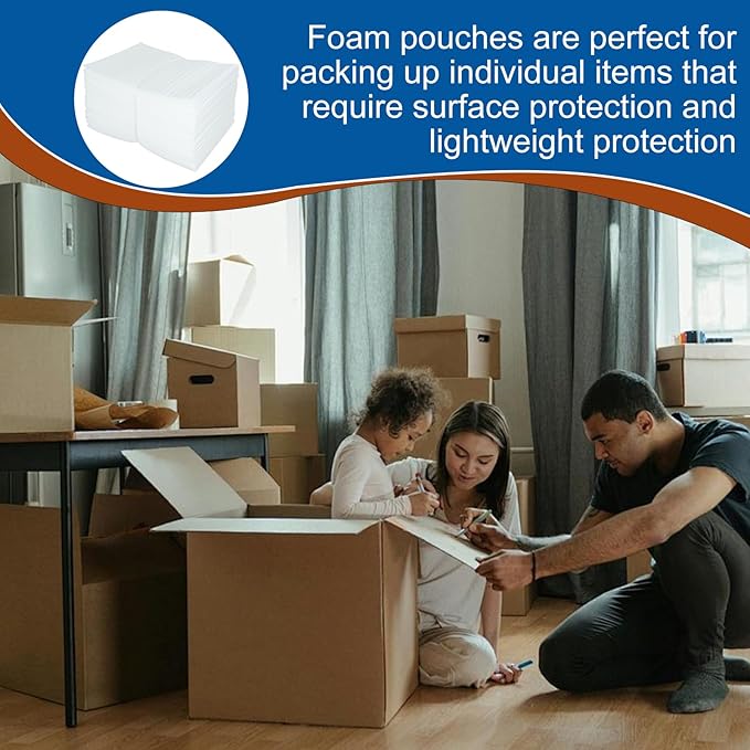 100 Pack Foam Pouches, Cushion Foam Wrap Pouches for Moving and Storing, 8"x12" Foam Wrap Pouches Protect Fragile Items, Protect Mug, Glasses, China, and Dishes, Packing supplies