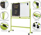 Large Dry-Erase Rolling Magnetic Whiteboard - 48 x 32 Inches Dry Erase Board with Stand Height Adjust Double Sides Mobile White Board Easel on Wheels with 25 Sheets Paper Pad Office, Home & Classroom