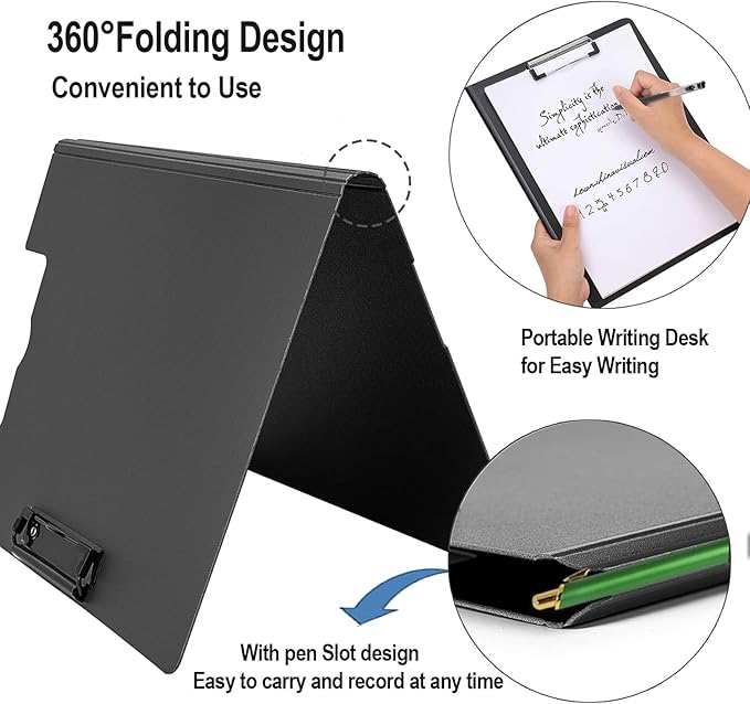 2 Pack Foldable Clipboards, A4 Office Clipboard Folder with Double Metal Clips, 360 Degree Foldable Binder Clipboard with Pen Holder, File Cover Work Folder Clipboards, Black