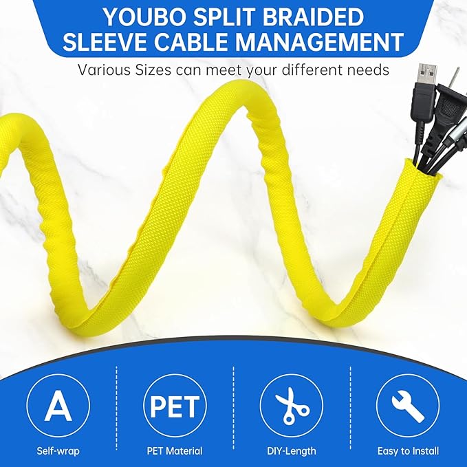Split Braided Cable Sleeve，Flexible Wire Loom Tubing, Automotive Cord Protector Pet Proof, Cable Management for Computer TV Electric Wires Harness 16ft (Yellow, 19mm（3/4")