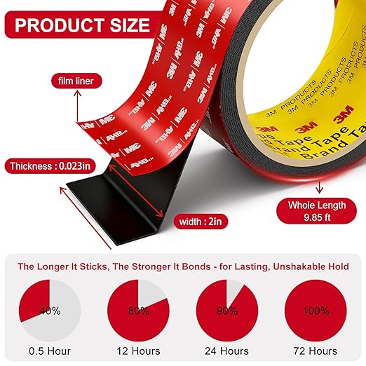 Double Sided Tape Heavy Duty 0.39in x 10ft, Heavy Duty Removable Mounting Tape, Adhesive Strips Double Sided Mounting Tape, Strong Foam Tape for Walls Picture Hanging Poster, Car, LED Strip Light