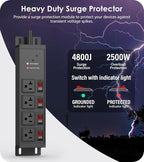 CCCEI Heavy Duty Surge Protector Power Strip 20 Amp Individual Switches. 4FT 12 Gauge Extension Cord with Multiple Outlets. Kitchen, Garage, Shop, Industrial Wall Mount Electric Extender, Black.