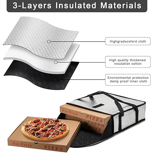 Pizza Bags for Delivery 20" X 20" X 5" - Moisture-Free, Professional Thermal Pizza Warmer, Heavy-Duty Food Carrier, Suitable for Restaurants,Picnic Uber Eats & Door Dash（ Silver）