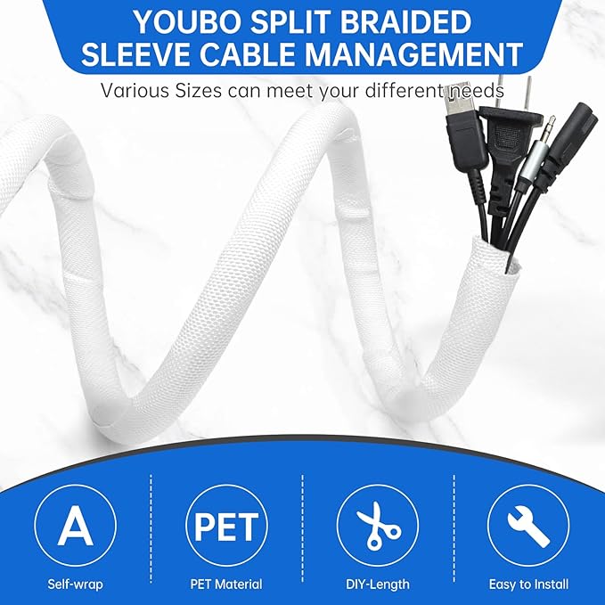Split Braided Cable Sleeve，Flexible Wire Loom Tubing, Automotive Cord Protector Pet Proof, Cable Management for Computer TV Electric Wires Harness 16ft (White, 30mm（1-3/16")