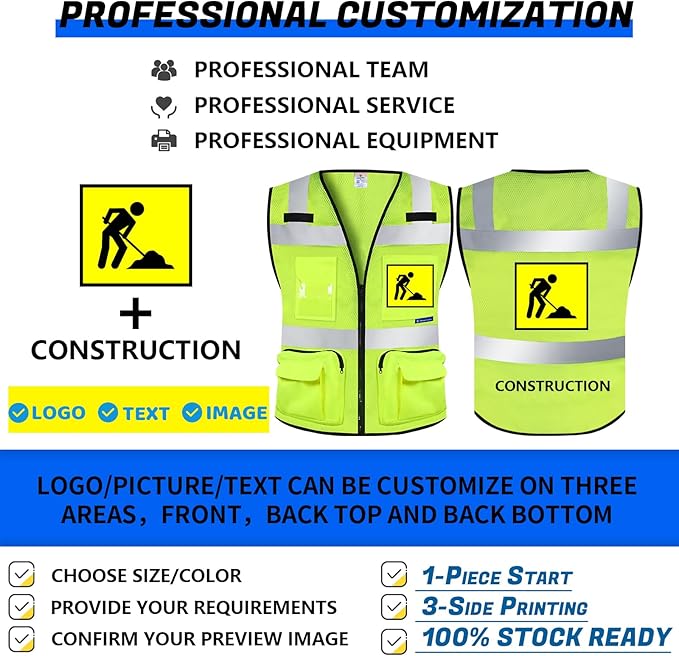 BeautyWill Custom Logo 5 Pack Safety Vest Mesh High Visibility Reflective Vest Customized Logo Utility Zipped Pockets Construction Workwear （Yellow,XL）