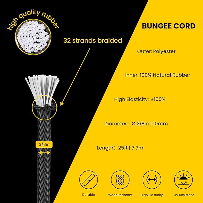 Bungee Cord Elastic Shock Cord 3/8" x 25' Bungee Rope for DIY, Tie Downs, Kayak and Outdoor - Black