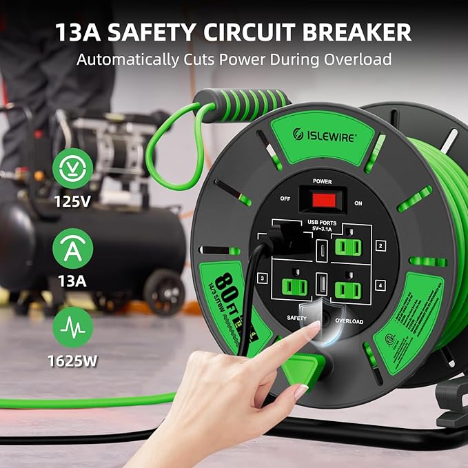 Retractable Extension Cord Reel 80 FT, 14AWG SJTOW Heavy Duty Power Cord with 4 Grounded Outlets, USB-A & USB-C Ports, 13A Circuit Breaker, Hand Crank for Indoor Outdoor Use, ETL Listed, Green