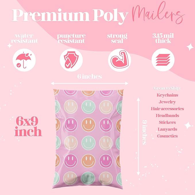 6x9 Designer Poly Mailer 100 Pack Heavy Duty Waterproof Self Seal Shipping Bags for Small Business Large Mailing Envelopes Bulk Tear Resistant Cute Packaging Smiley Face