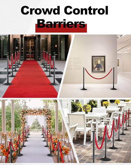 RoadHero Plastic Stanchion Post, Black Velvet Ropes and Poles with Weighted Base, Ropes Safety Barriers for Crowd Control, Party and Movie Theater, 4 PCS