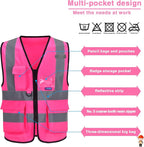 A-SAFETY Pink Safety Vest with Pockets Hi Viz Zipper Front Working Safety Vest with Reflective Strips, Multiple Colors Available,Large
