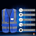 A-SAFETY Blue High Visibility Vests Reflective Work Vest,Hi Vis Bright Neon Color with 4 Reflective Strips 7 Pockets