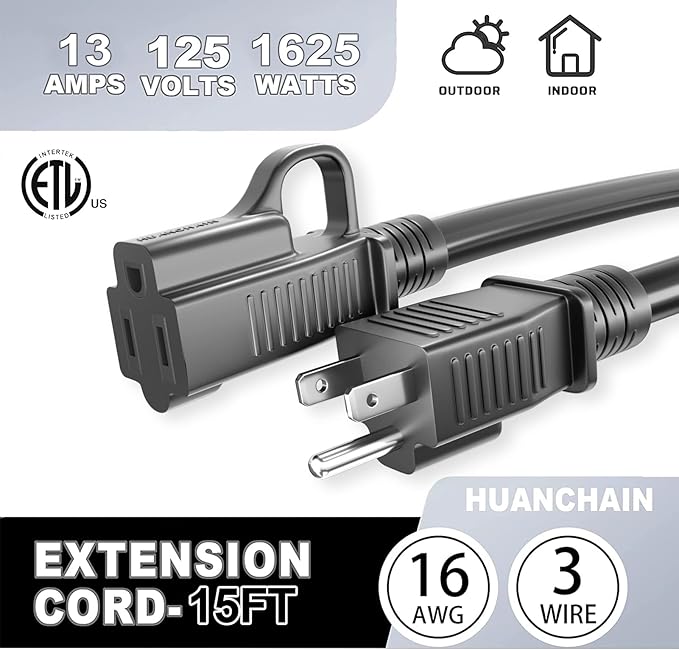 HUANCHAIN Indoor Outdoor Black Extension Cord 15 ft Waterproof, 16/3 Gauge Flexible Cold-Resistant Appliance Extension Cable Outside, 13A 1625W 16AWG SJTW, 3 Prong Electric Cord, ETL