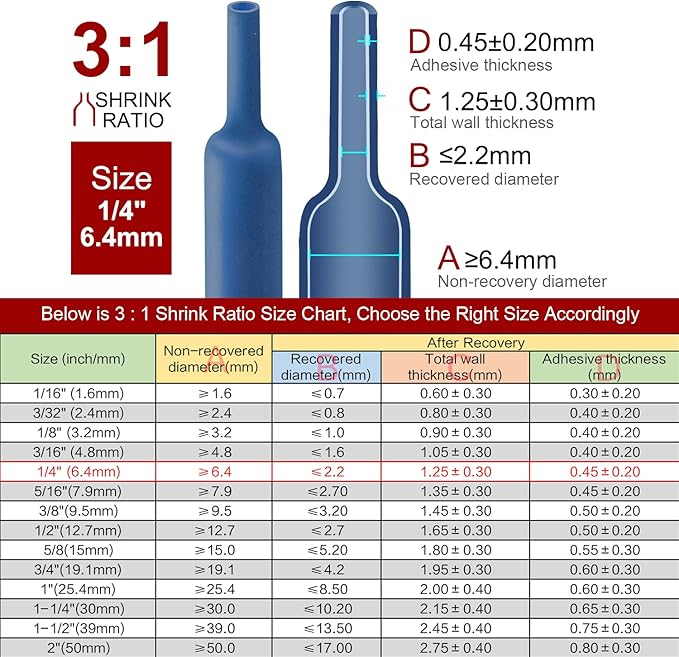 Chanzon 3:1 Ratio - 80ft Roll - Heat Shrink Tubing 1/4" (6.4mm) - Marine Grade Waterproof Adhesive Lined - (25M Total Length) Blue Polyolefin Sleeving Wrap Shrinking 3 to 1 Ratio 1pcs