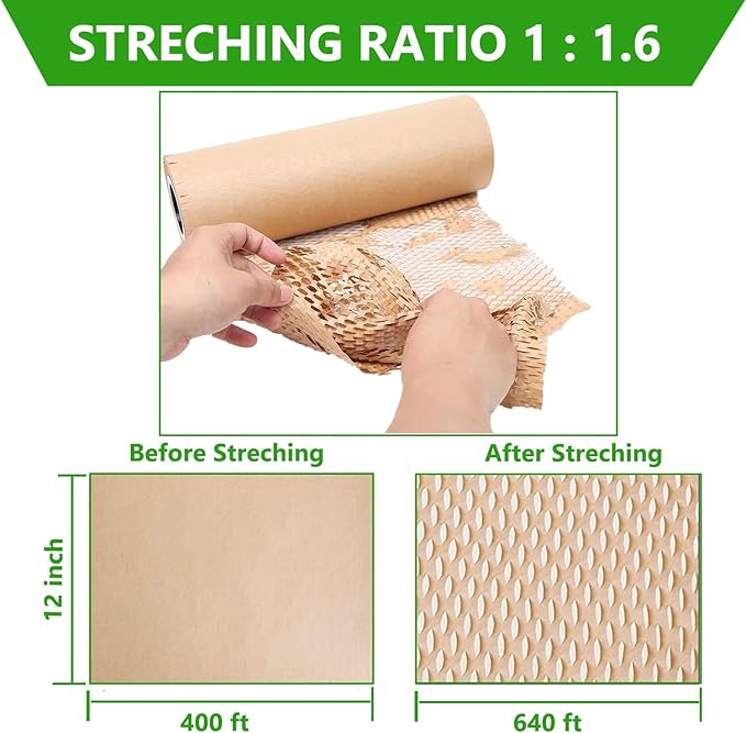 Honeycomb Packing Paper Wrap 12"x400' Sustainable Alternative to Bubble Cushioning Wrap Biodegradable & Fully Recylable for Moving/Shipping/Packing Roll with 20 Fragile Stickers