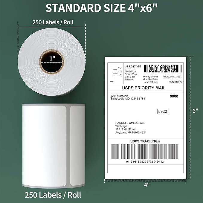 [1000Labels] 4"x6" Shipping Label 4 Rolls, 4-x-6-inch Thermal Label Paper, Compatible with Zebra 2844 Brother Rollo Direct Thermal Printer