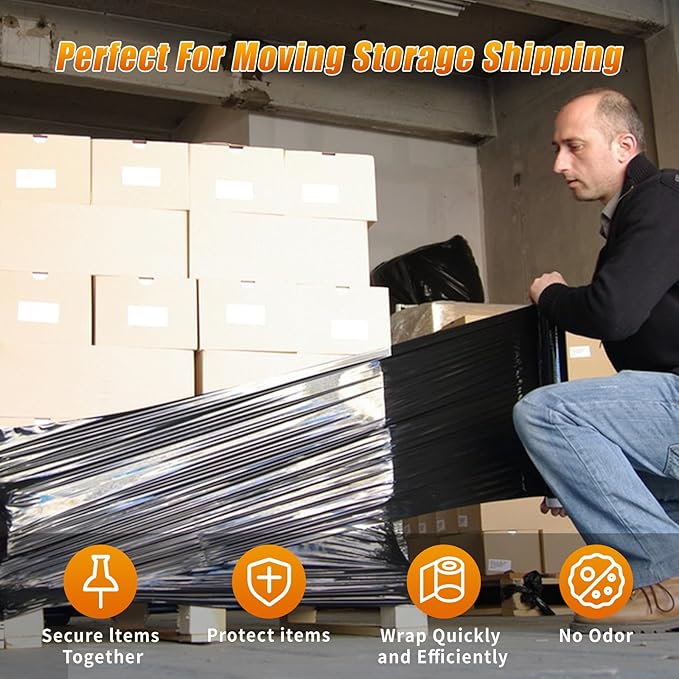 Black Stretch Film Shrink Wrap for Moving Supplies (15inch, 1 Pack) x 1000ft, Industrial Strength Plastic Wrap Stretch Roll for Pallet Wrapping Shipping Moving Boxes Storage Furniture with Handles