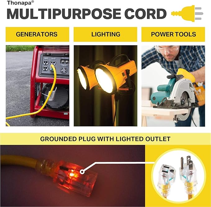 Lighted Outdoor Extension Cord 15 ft - 12 Gauge 15 Amp Heavy Duty Power Extension Cords - SJTW - Great for Major Appliances, Power Tools, Garden Supplies - Yellow