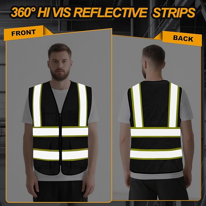 High Visibility Vest for Men Women 5 Pockets Safety Vest with Reflective Strips, Hi Vis Vest with Mesh Fabric, Breathable, (GR720-Black,S).