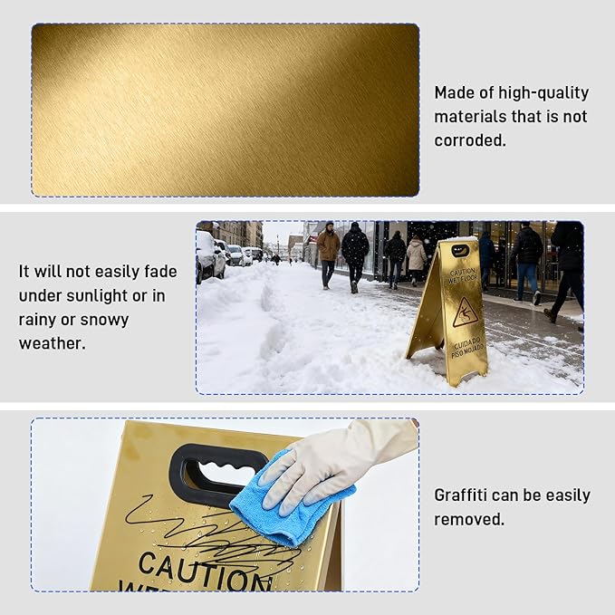 2 Pack Stainless Steel Wet Floor Sign, 24 Inch Caution Wet Floor Sign Portable Foldable Bilingual Safety Warning for Hotel Market Restroom Restaurant Office (Gold)