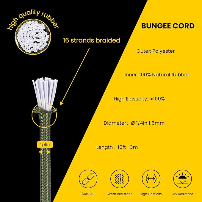 Bungee Cord Elastic Shock Cord 1/4" x 10' Bungee Rope for DIY, Tie Downs, Kayak and Outdoor - Army Green