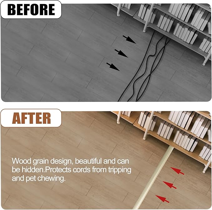 MYFAMIREA 20FT Floor Cord Cover for Wire Self Adhesive Cable Cavity Management PVC Extension Cord Hider Power Floor Wire Protector Prevent Cable Trips for Office Home Outdoor (Beige Wood, 1.18'')