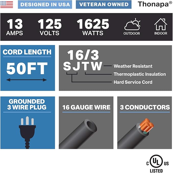 13 Amp Outdoor Extension Cord 50 ft, 16/3 SJTW 50 Foot Black Extension Cord 3 Prong, Weatherproof Exterior Power Cable for Outside Lights & Lawn, UL Certified - US Veteran Owned