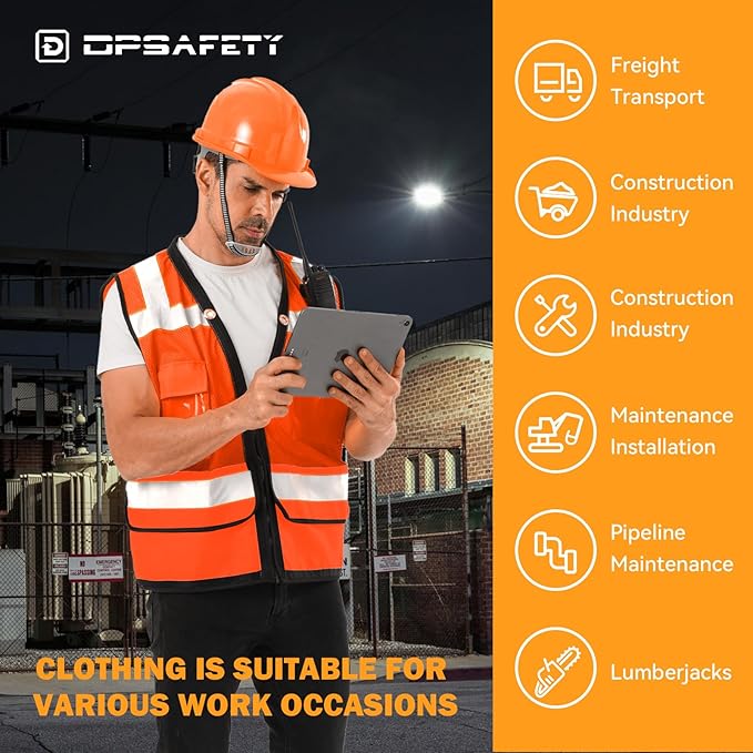 Reflective Safety vest With back plan pocket,High visibility Class 2 Heavy Duty Surveyor Vest with Zipper,Hi Vis Vest ANSI/ISEA Standard, Construction Work Vest for Men＆Women(Orange,XL)