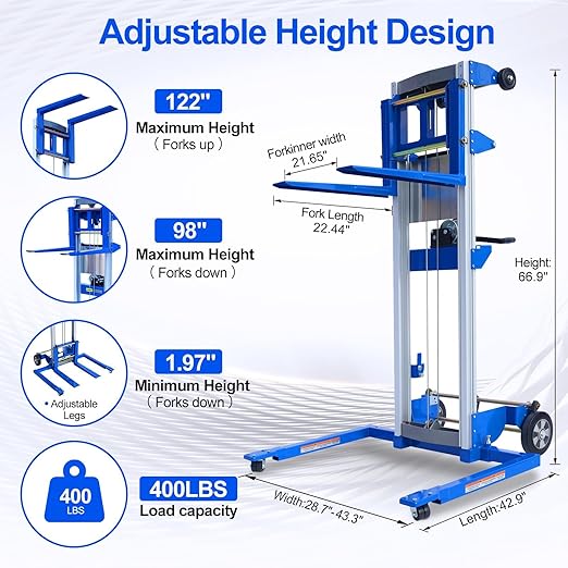122" 400lbs Material Lift Winch Stacker, Hand Winch Lift Truck with Adjustable Straddle Leg, Manual Material Lifter Pallet Stacker for Contractor, Workshop, Industrial, 42.90" L x 43.30" W