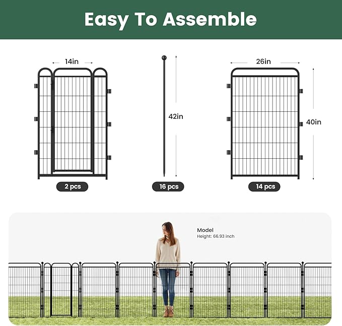 32 in(H) Decorative Garden Fence Outdoor for Yard with 2 Gates,Heavy Duty Iron 16 Panels Total 34.7ft(L) Anti Dig Fence with Gravity Automatic Lock for Indoor/Outdoor Decorative Dog Fence,Black