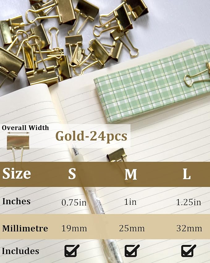 Assorted Binder Clips 0.75/1/1.25in 25-Pack -Gold Tone Clips for Office & Home