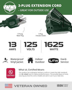 Iron Forge Cable 10ft Green Outdoor Extension Cord with 3 Outlets - 16/3 SJTW 10ft Extension Cord 3 Prong, 13 Amp All-Weather Heavy Duty Power Cable