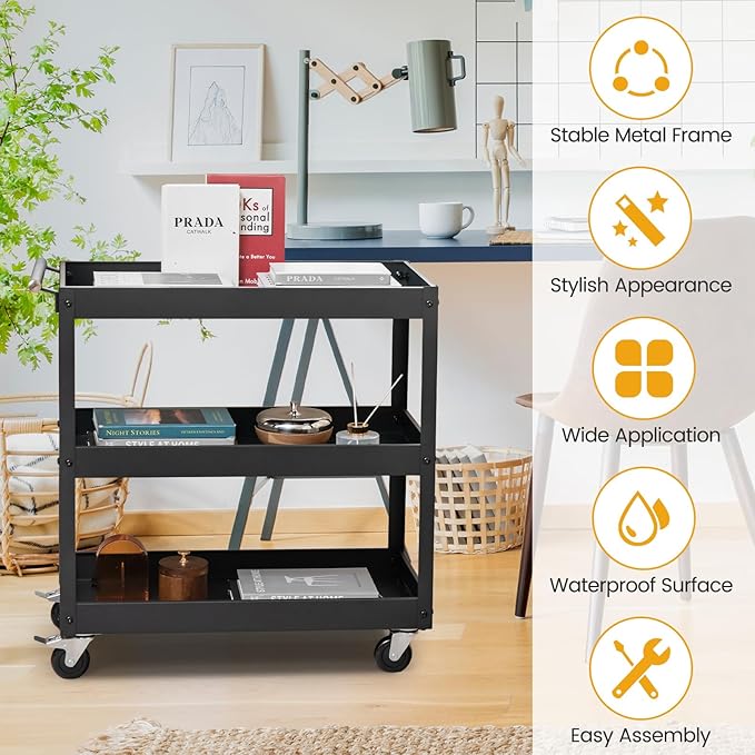 Goplus 3-Tier Utility Cart, Heavy Duty Commercial Service Tool Cart w/Lockable Wheels, 330lbs Load Capacity, Ergonomic Handle, Rolling Mechanic Tool Cart Storage Organizer for Warehouse Garage Black