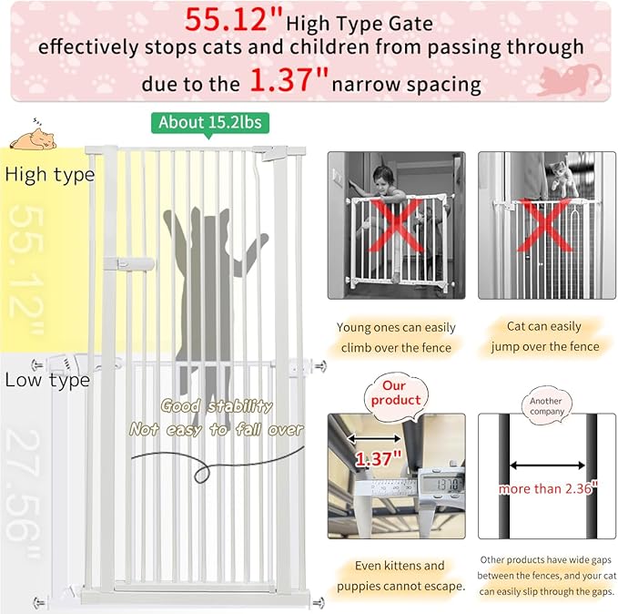 Lumizone Extra Tall Cat Gate 55.12" High Pressure Mounted Extra Wide 2025 New (17 Sizes) 1.37" Gap No Drilling Auto-Close One-Handed Operation Tall Pet Gate for Dogs(White, 55.12" H x 38.39"-42.51" W)