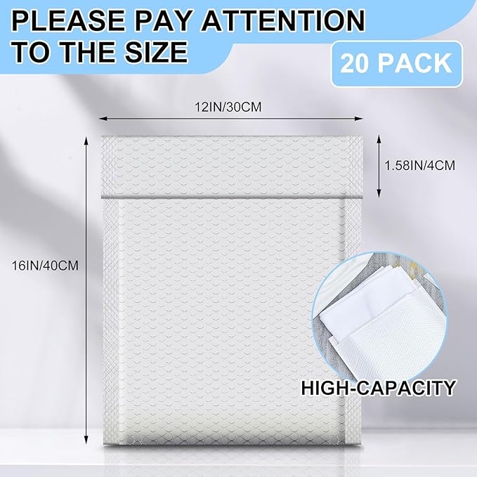 Ireer 20 Pack Large Bubble Mailers 12 x 16" Poly Padded Envelopes Cushioned Mailing Envelopes Bubble Padded Mailers Self Adhesive Waterproof Shipping Bags for Business Christmas Party Gift Packaging