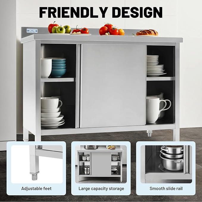 Hally Stainless Steel Cabinet, 30" x 48" NSF Commercial Heavy Duty Prep Workbench with Backsplash and Two Sliding Doors, Large Storage Cabinet, Metal Table for Kitchen, Restaurant, Garage