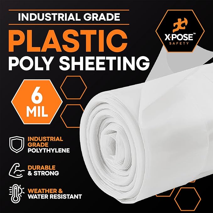Xpose Safety Clear Plastic Sheeting 5 Pack – 10' x 100' Rolls – Heavy Duty 6 Mil Poly Sheet – Waterproof, Dustproof, Vapor Barrier – for Construction, Painting, Industrial Use