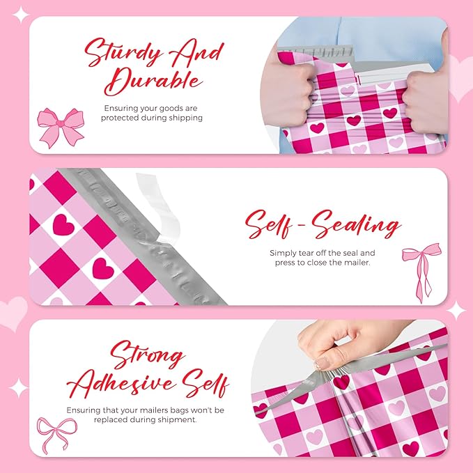 Metronic Poly Mailers 10x13 Inch 100pc Shipping Bags for Clothes,Self Adhesive Shipping Envelopes for Small Business,Waterproof Mailers Poly Bags for Shipping,Packaging Mailing Bags Pink Checkered