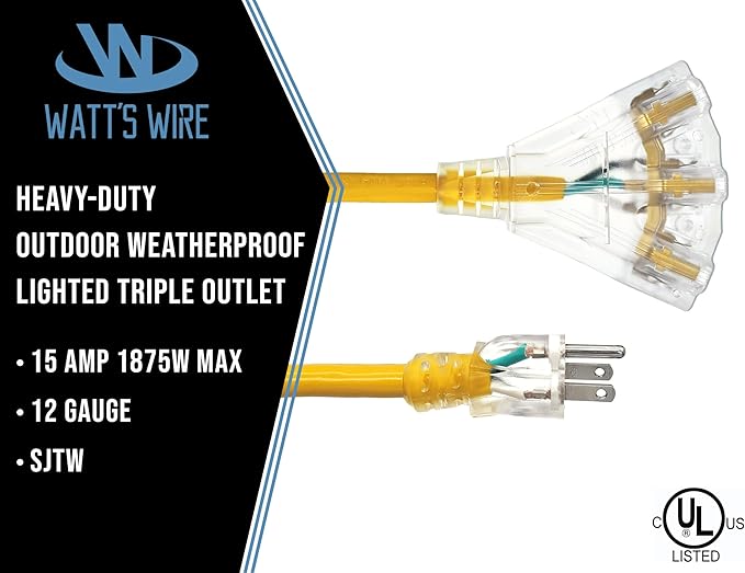 25 ft Outdoor Extension Cord Waterproof - 12 Gauge Heavy Duty Extension Cord 25 ft - Lighted Outdoor Extension Cords with Multiple Outlets - Watts Wire - 25' Grounded - extensiones electricas
