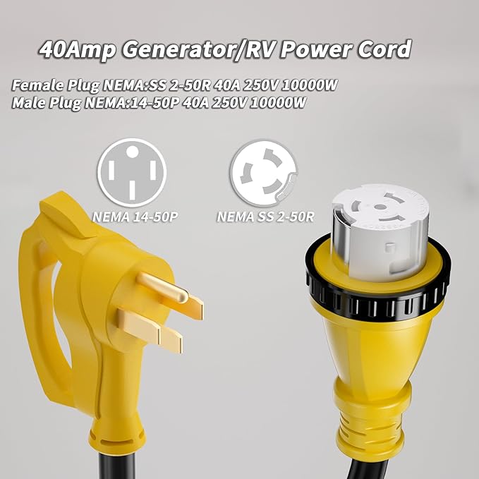 40 Amp Generator Cord, 75FT 40 Amp RV Extension Cord with Twist Lock, Generator Cable 40A 4 Prong Yellow, 14-50P to SS2-50R Heavy Duty STW Wire for RV Camper & House