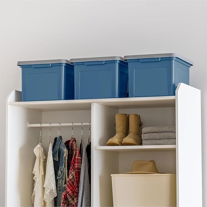 IRIS USA File Box Plastic File Organizer for Letter/Legal File, Document Box, Durable Storage Bin Tote with Secure Latching Lid, Stackable, BPA-Free, Eco Friendly, Sustainable, Navy/Gray 35 Qt. 4 Pack