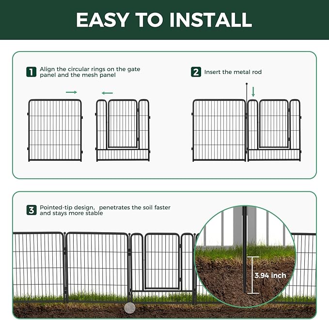 FXW Garden Fence Outdoor for The Yard – 40in(H) x 54.7ft(L) Heavy Duty Metal Animal Barrier for Dog and Rabbit, Decorative Dog Fence, 24 Panels, Black