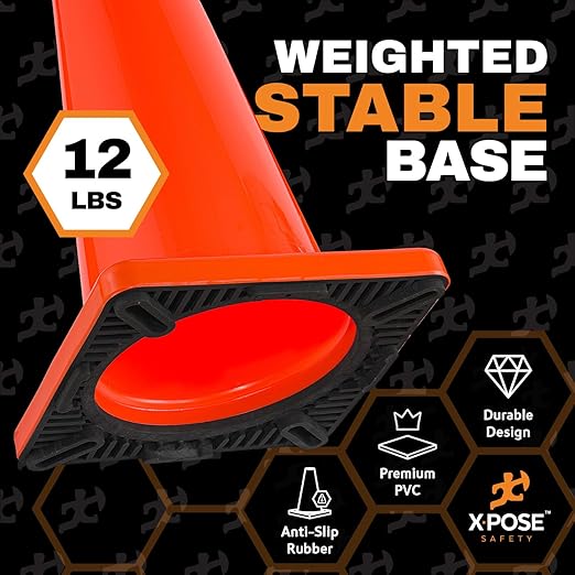 Xpose Safety 36 Inch Orange Traffic Cones Heavy Duty 12lb with 6" & 4" Collars, 24 Pack - Multipurpose PVC Plastic Safety Cone for Parking, Soccer, Caution, Kids and Construction - DOT Approved