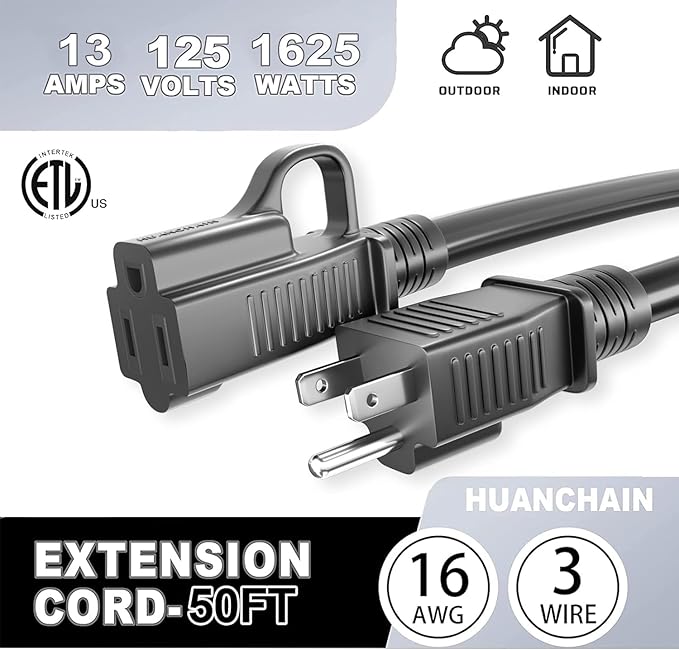 HUANCHAIN Indoor Outdoor Black Extension Cord 50 ft Waterproof, 16/3 Gauge Flexible Resistant Appliance Extension Cord Outside, 13A 1625W 16AWG SJTW, 3 Prong Electric Cable, ETL Listed