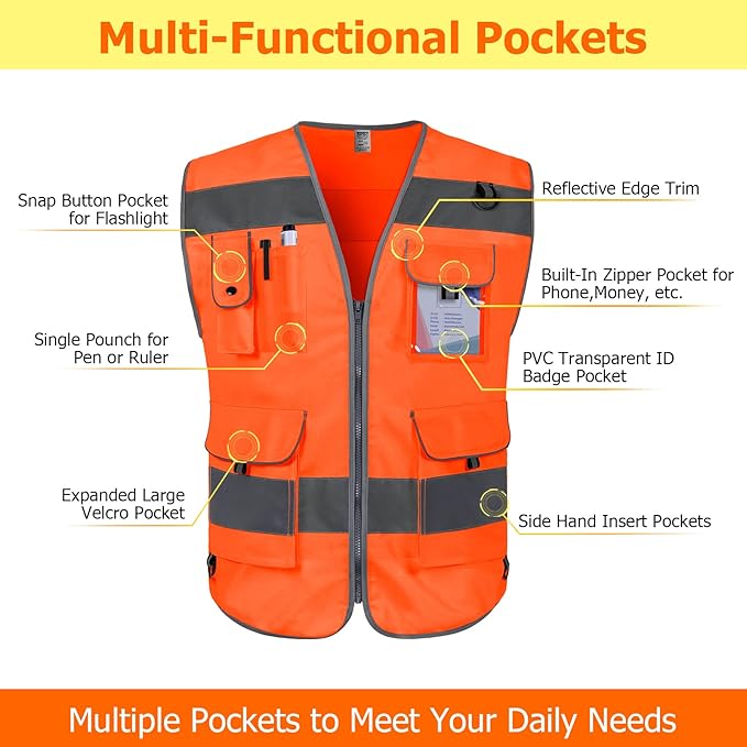 TCCFCCT Orange Safety Vest for Men Women 9 Pockets High Visibility Reflective Vest for Safety, Work Vest with Reflective Strips, Meets ANSI/ISEA Standards, Large