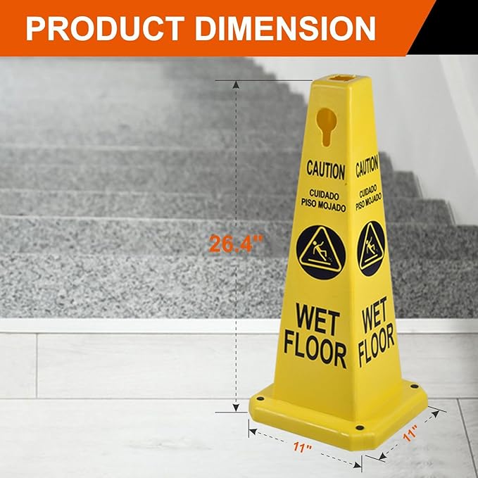 26.5" Caution Cones, 4-Sided Visible Safety Signs with Heavy Rubber Base, Warning for Slip & Fall Prevention, Indoor/Outdoor Use (4, Wet Floor Caution-Yellow, 26.5 inch)