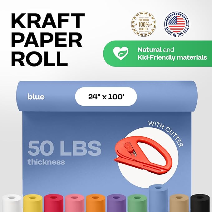 Blue Kraft Paper Roll 24" x 1200" (100 feet) with Cutter - USA-Made Gift Wrapping Paper for Packing, Moving, Shipping & Crafts/Arts - 100% Recyclable Natural Craft Material by IDL Packaging