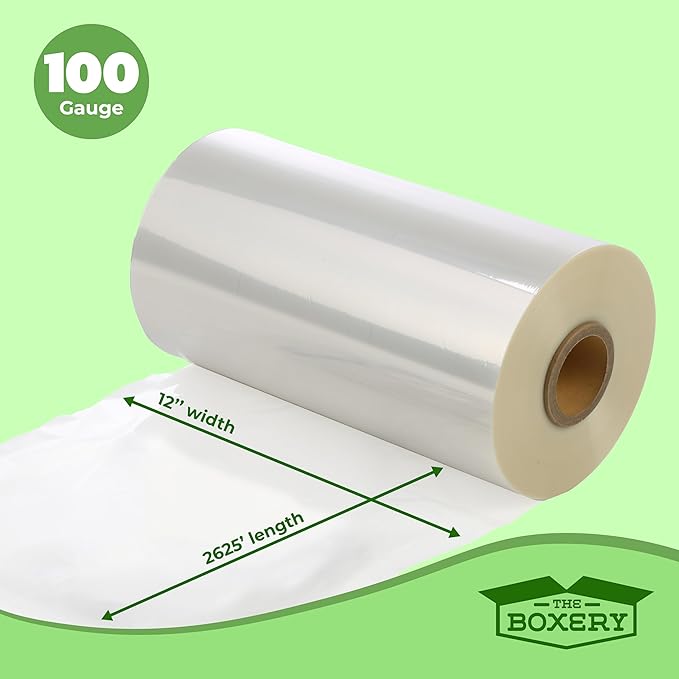 The Boxery Shrink Wrap Film 12" x 31500” (2625’) Heat Wrap POF Centerfold - Polyolefin 100 Gauge - Industrial Grade Heat Shrinkable Film for Packaging - Small Business, Toys, Books, and Much More.
