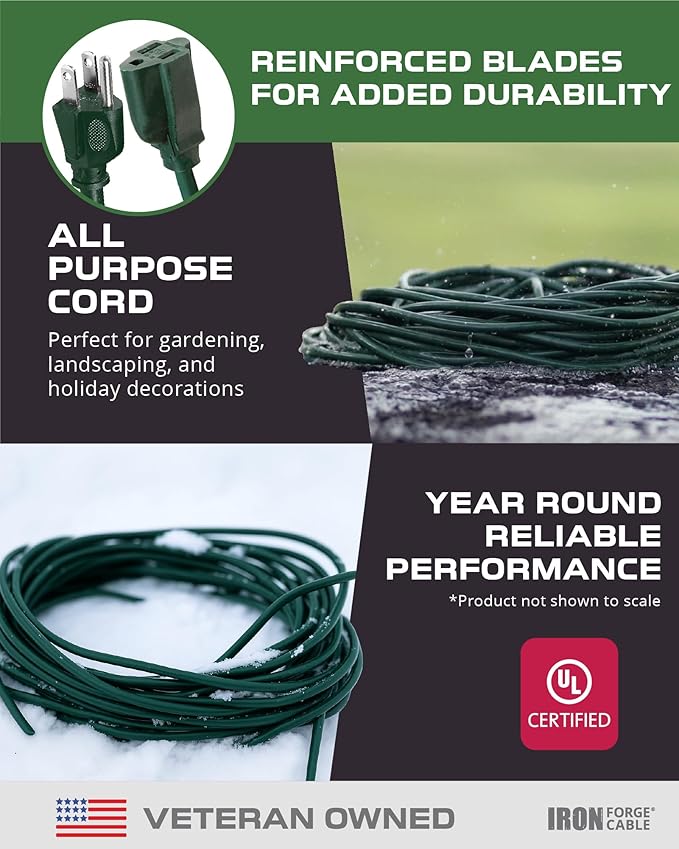 Iron Forge Cable Weatherproof 10 Ft Outdoor Extension Cord - 16/3 SJTW Heavy Duty Green Extension Cord 3 Prong - 13 Amp Exterior Power Cable