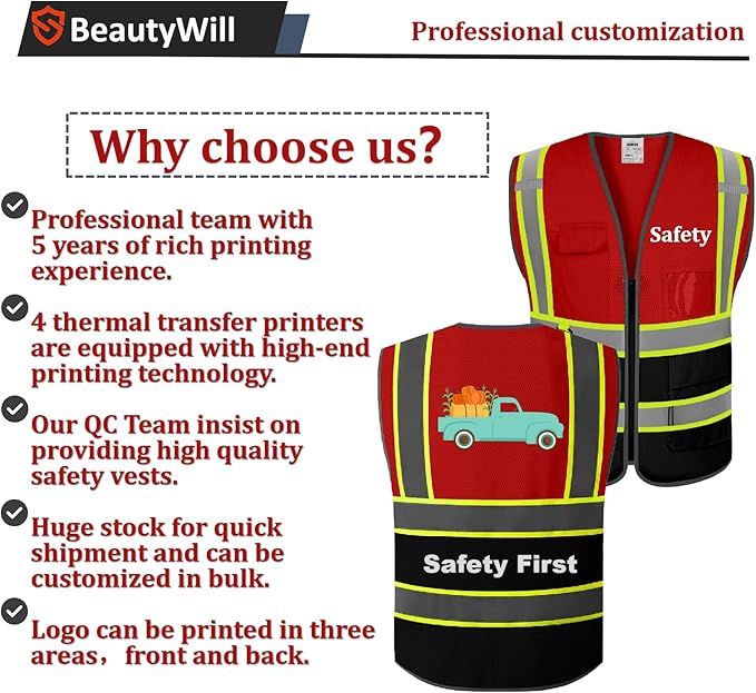 BeautyWill Custom Safety Vest Customized Logo Mesh Vest Class2 High Visibility Reflective Vest with Pockets Workwear（Red Black，XXL ）